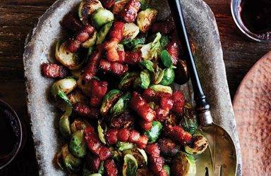 Seared Brussels Sprouts with Infused Honey’d Lardons
