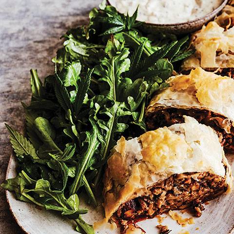 Wild Mushroom Strudel with Winter Greens, Cannabis Leaves and Mustard Sauce
